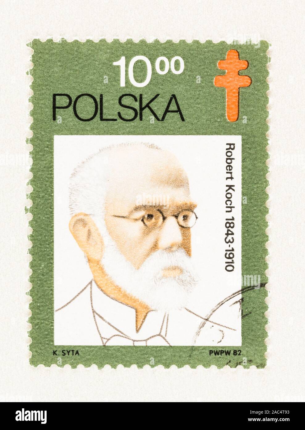SEATTLE WASHINGTON - October 9, 2019: Used 1982 stamp of Poland, featuring German microbiologist and Nobel laureate Robert Koch, celebrating 100 years Stock Photo
