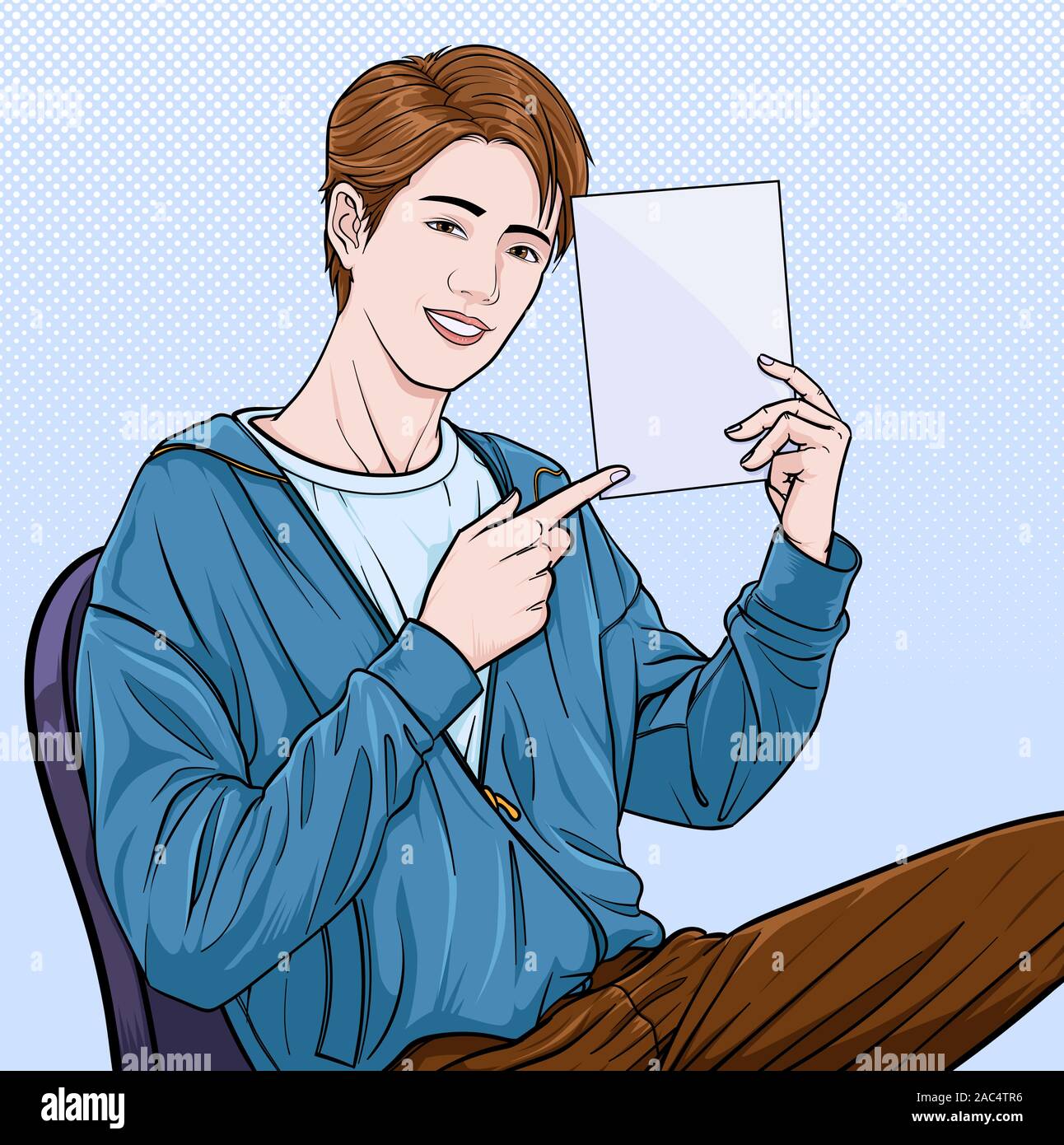 A man with paper in his hand Point to target Illustration vector On pop art comics style Abstract background Stock Vector