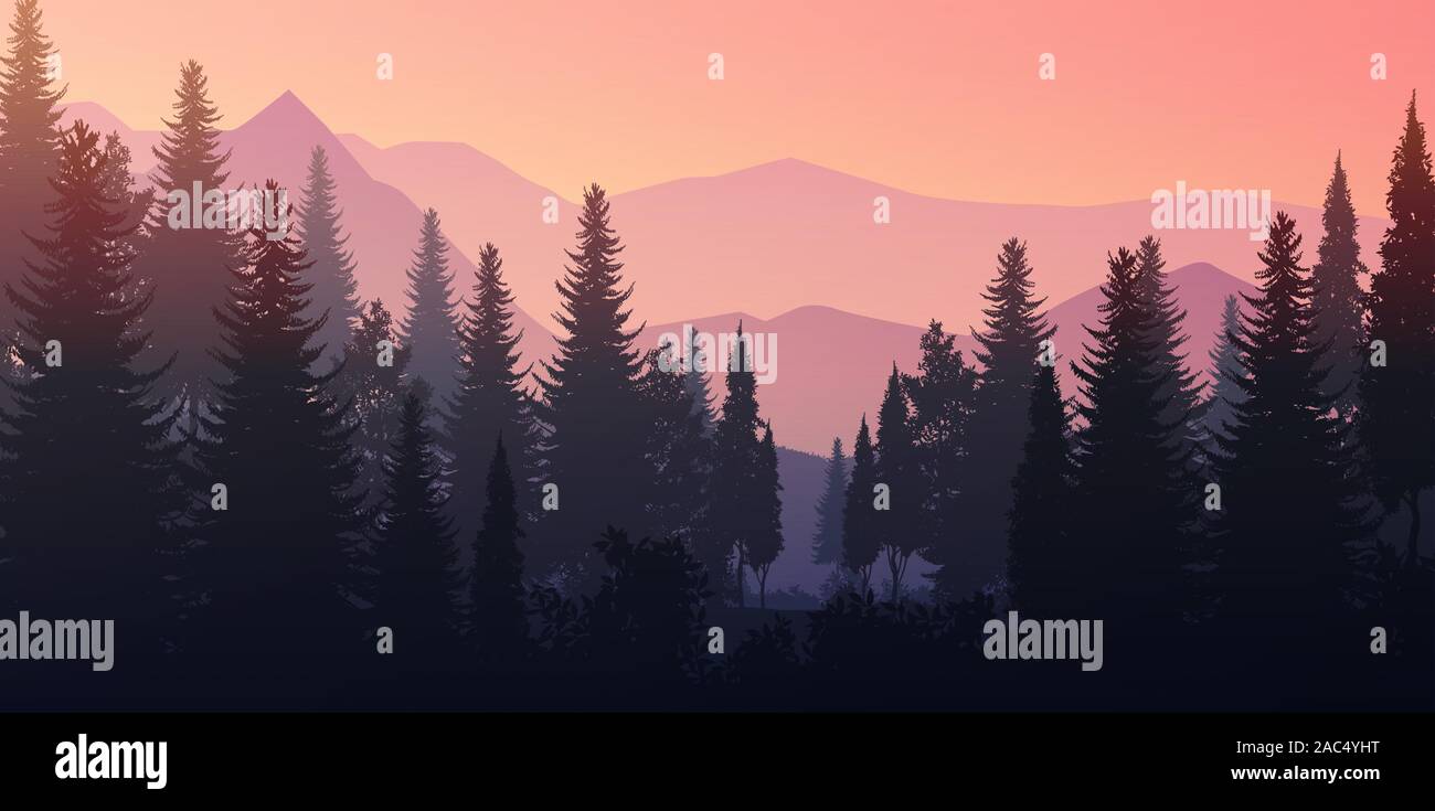 Natural Pine forest mountains horizon Landscape wallpaper Sunrise and sunset Illustration vector style Sunlight colorful view background Stock Vector