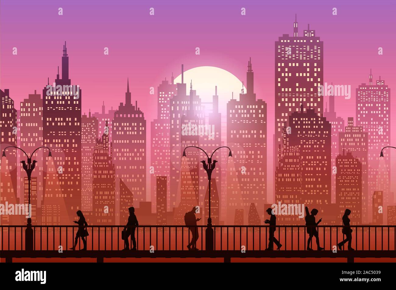 Downtown City Wallpaper In The Evening Landscape Wallpaper Sunset Illustration Vector Style Sunlight Colorful View Background Stock Vector Image Art Alamy