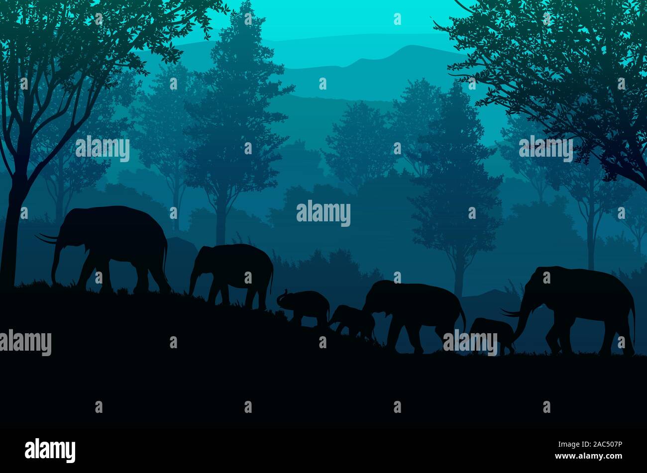 The elephants  in the forest Natural jungle green mountains horizon trees Landscape wallpaper Sunrise and sunset  Illustration vector style Stock Vector