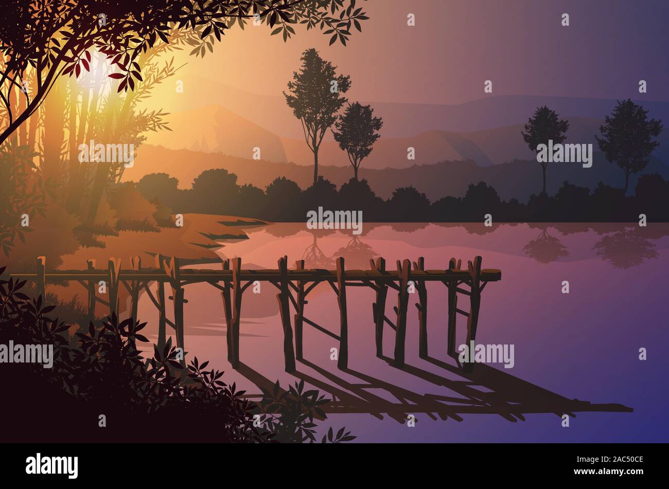 Wooden port at the edge of the marsh Natural forest mountains horizon trees Landscape wallpaper Sunrise and sunset Illustration vector style Stock Vector