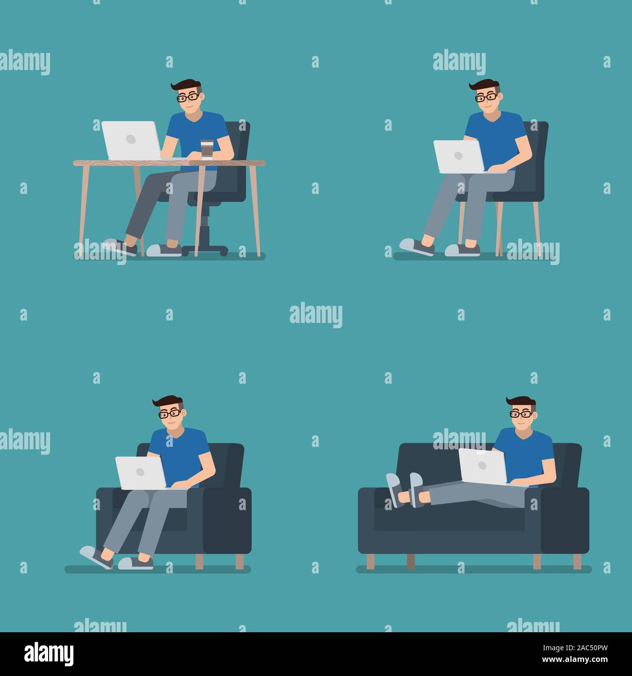 Set of man in casual clothes working on laptop computer sitting at desk, on chair, armchair and lying on sofa in flat cartoon style Stock Vector