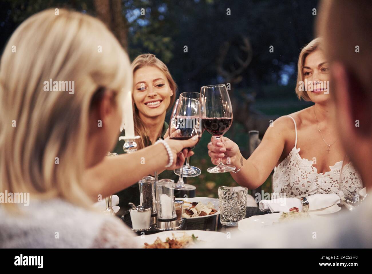 Blonde women with wine glasses. Group of friends in the elegant wear have luxury dinner Stock Photo