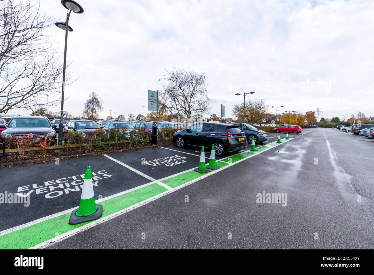Electric vehicle charging points in the car park at Chester Zoo. UK The