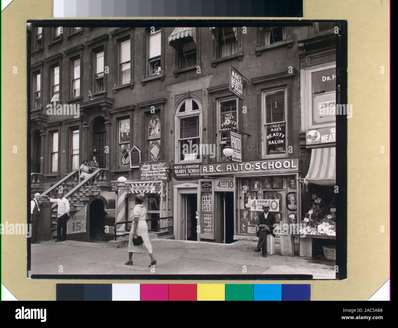 Harlem Street Ii 422 424 Lenox Avenue Manhattan Code Iii A 4 Women Sit On Steps Of House That Serves As A Church With Barber Shop Below White Man Talks To Barber Beauty Shop And