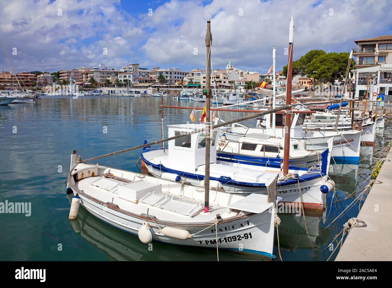 Harbour scene, boats in the harbour of Cala Ratjada, Mallorca, Balearic islands, Spain Stock Photo