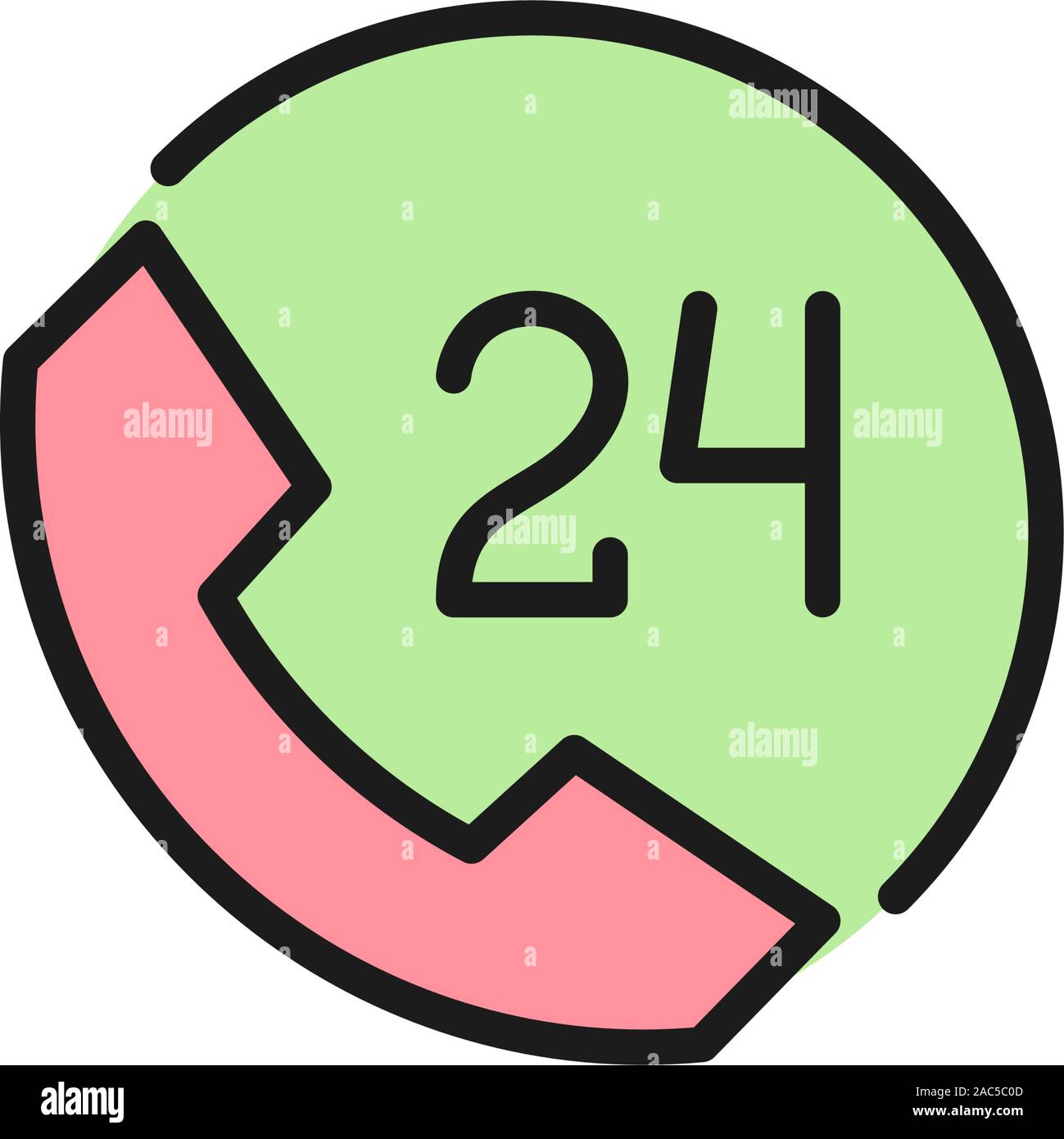 Round clock hotline, 24 hours service, help time flat color icon. Stock Vector
