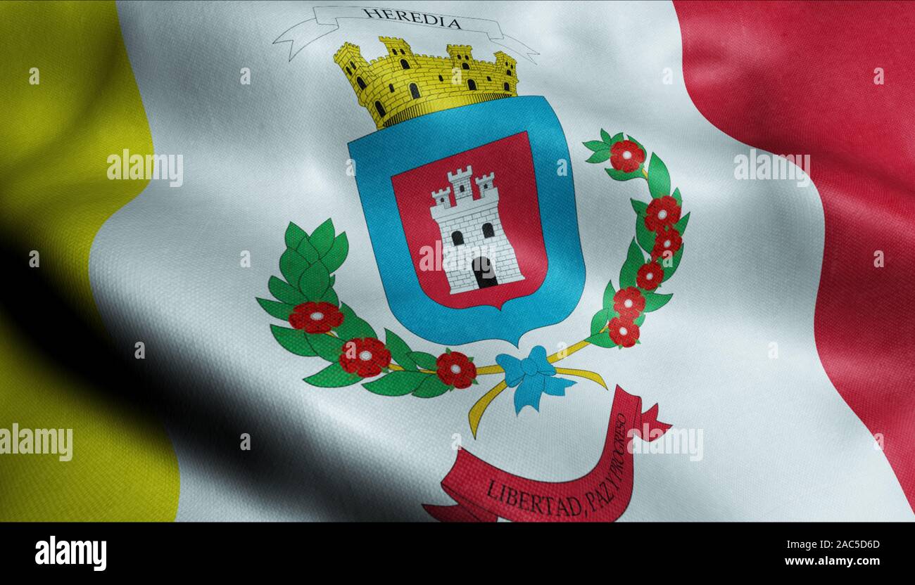 3D Waving Flag of Heredia Province of Costa Rica Closeup View Stock