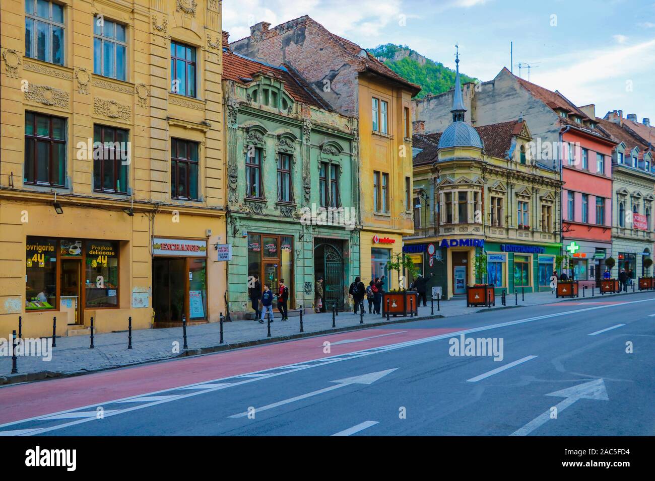 Brasov, Romania, May 16, 2019: Street of Brasov city in Romania. Brasov sits in Transylvania region of Romania Stock Photo