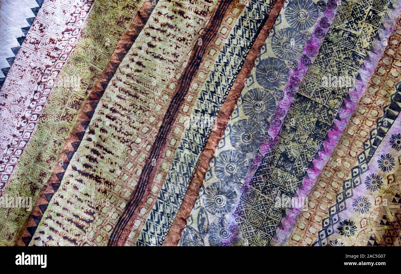 A close-up view of tapa (or kapa) cloth after it has been dyed and completed, by artist Roen Hufford, Big Island. The wauke (or paper mulberry) bark t Stock Photo