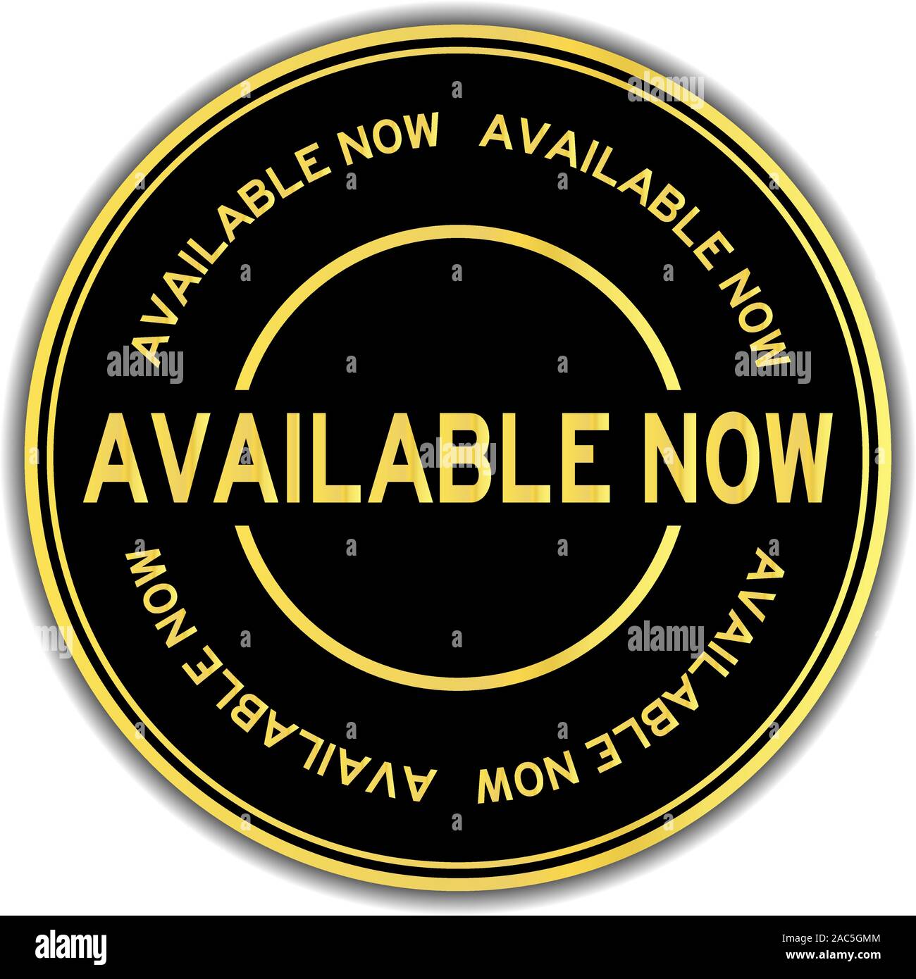 Gold color available now word round sticker on white background Stock