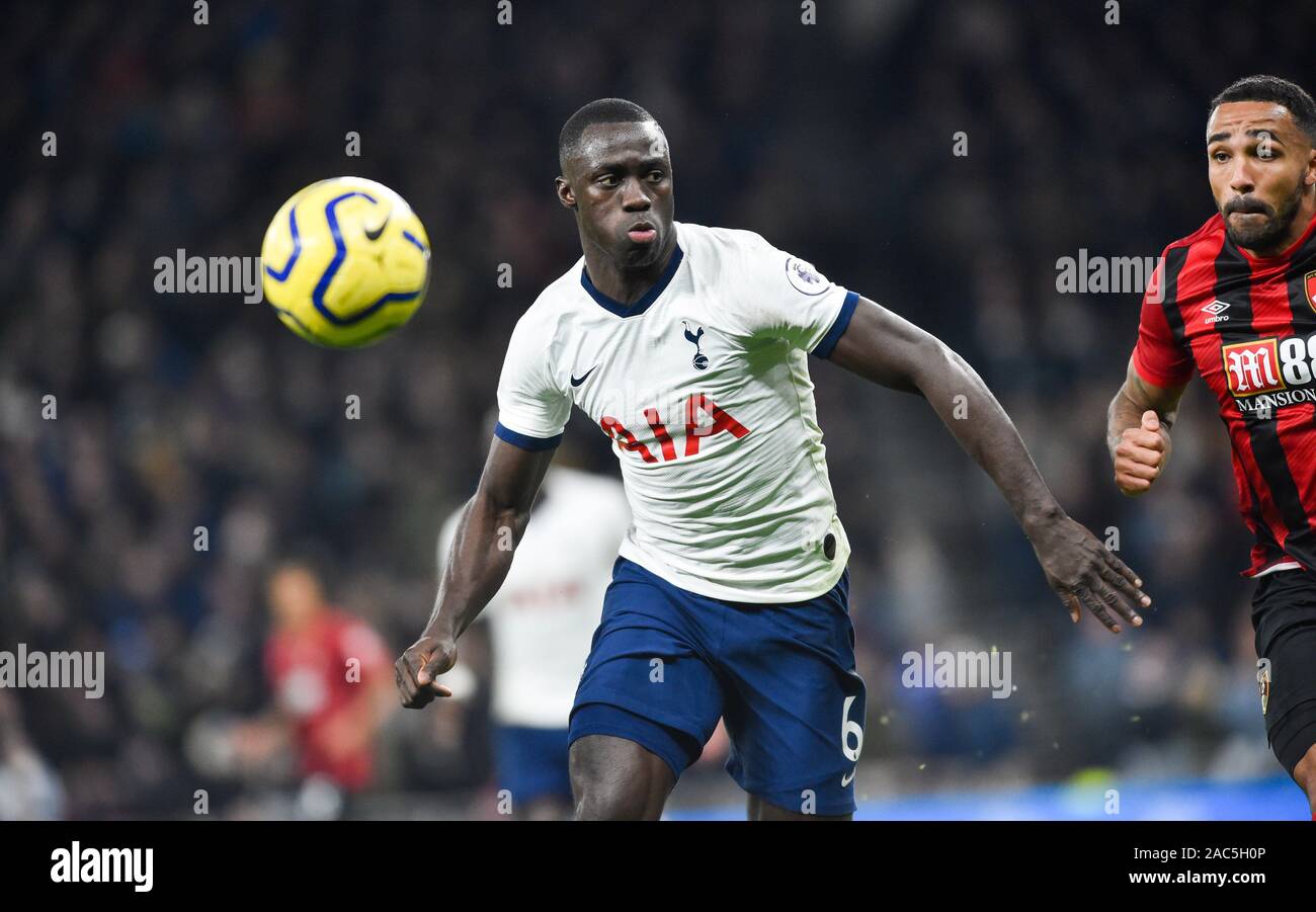 Davinson Sanchez of Spurs during the Premier League match between Tottenham Hotspur and AFC Bournemouth at the Tottenham Hotspur Stadium London, UK - 30th November 2019 - Editorial use only. No merchandising. For Football images FA and Premier League restrictions apply inc. no internet/mobile usage without FAPL license - for details contact Football Dataco Stock Photo