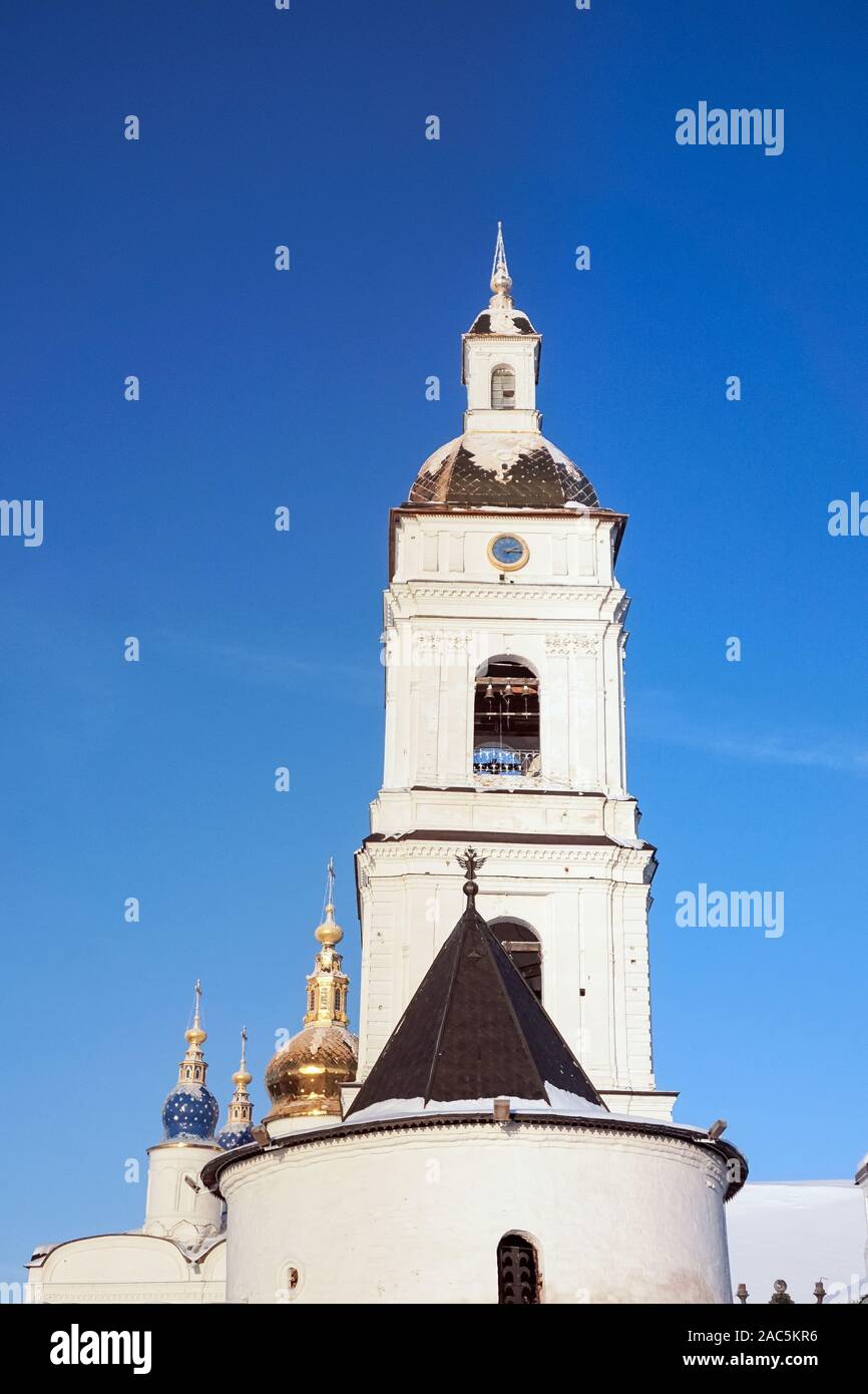 Tobolsk, Russia-January 24, 2019: white Church the Kremlin in Tobolsk in the winter of vertical photos. Christianity Siberia Stock Photo