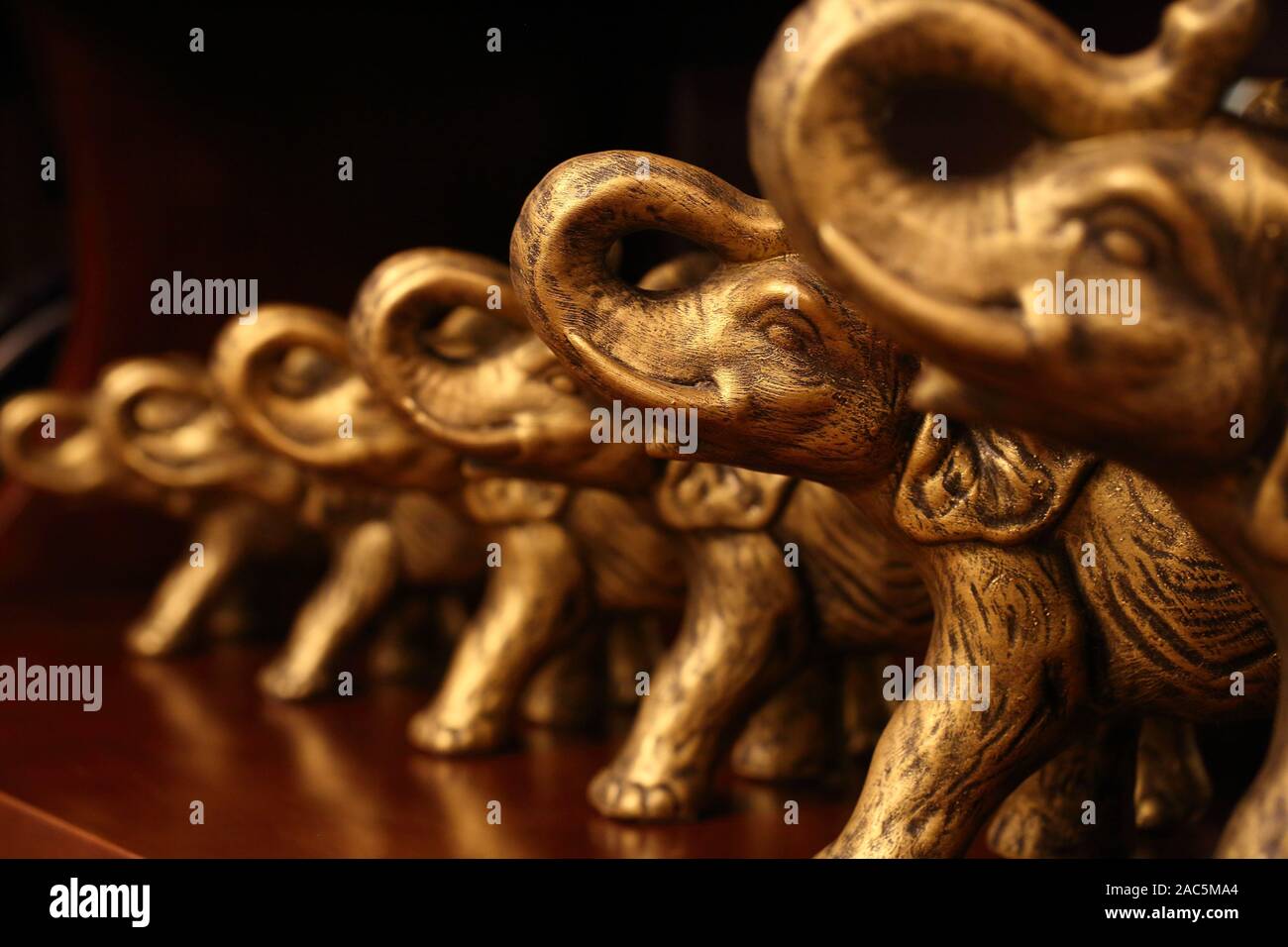 Figurines seven elephants of gold color Stock Photo Alamy