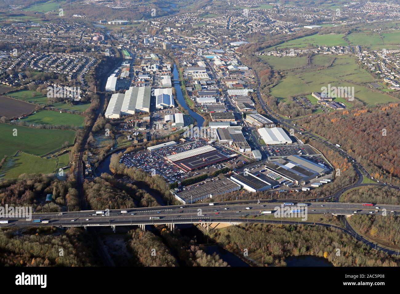 aerial view of Armytage Road Industrial Estate, Brighouse, West Yorkshire, UK Stock Photo