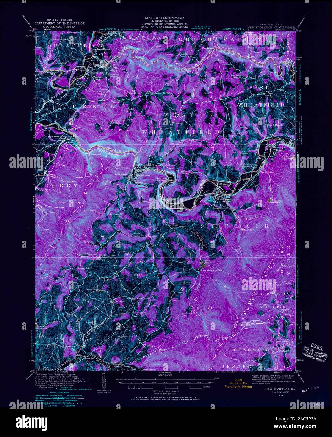 USGS TOPO Map Pennsylvania PA New Florence 171765 1920 62500 Inverted Restoration Stock Photo