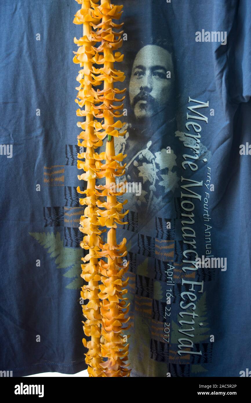 An orange puakenikeni lei on display with a Merrie Monarch Festival t
