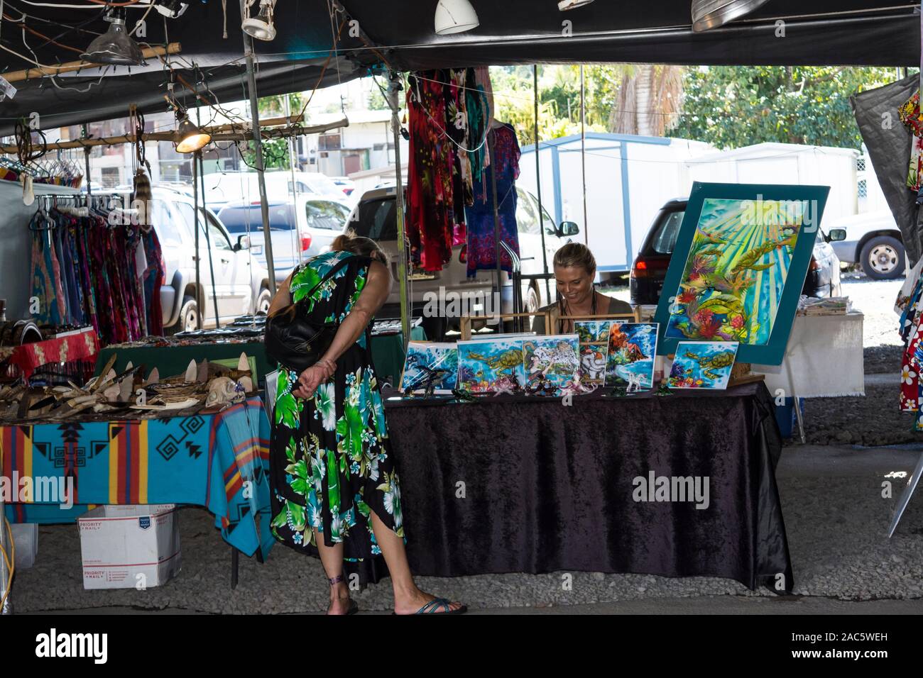 A local Hilo artist talks with a customer at the famous Hilo Farmers