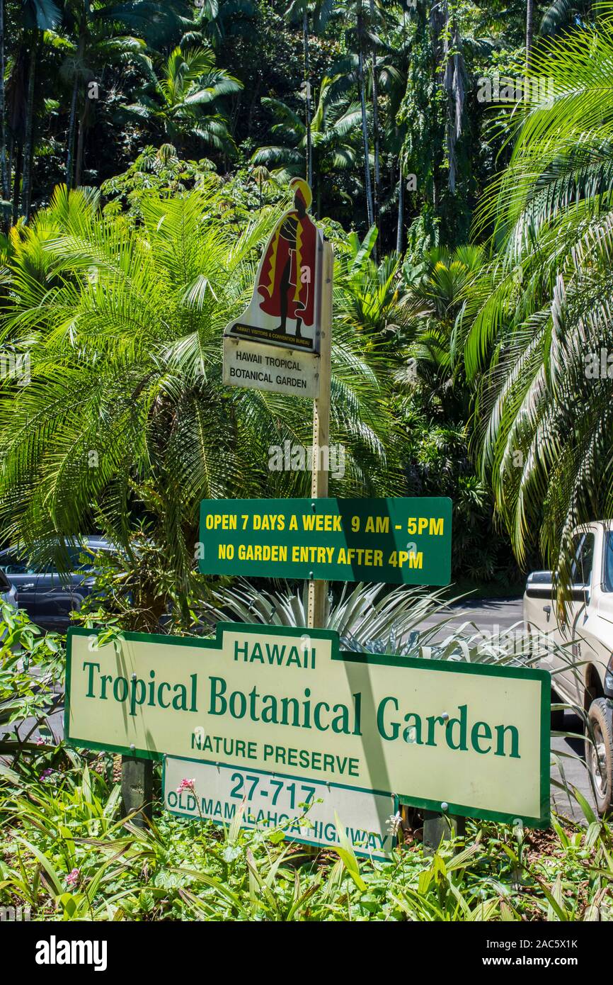 The entrance to the Hawaii Tropical Botanical Garden in Papa'ikou near Hilo, Big Island of Hawai'i. Stock Photo