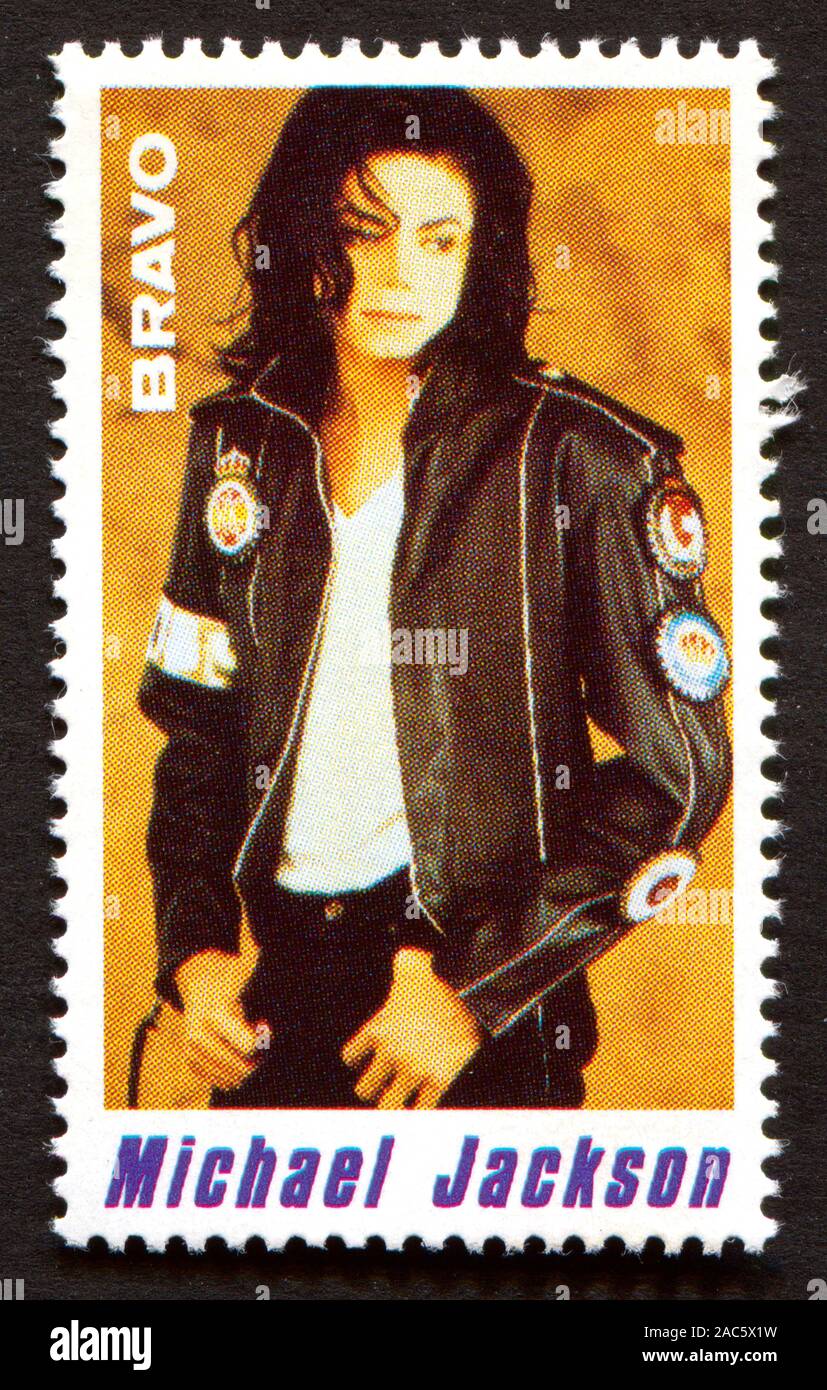 Michael Jackson on a vintage postage stamp by Bravo from early 1980s Stock Photo