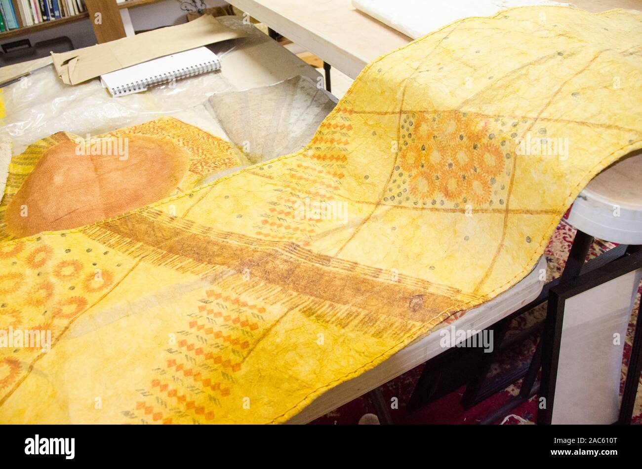 An unrolled tapa (or kapa) cloth after it has been dyed and completed, by artist Roen Hufford, Big Island. Stock Photo