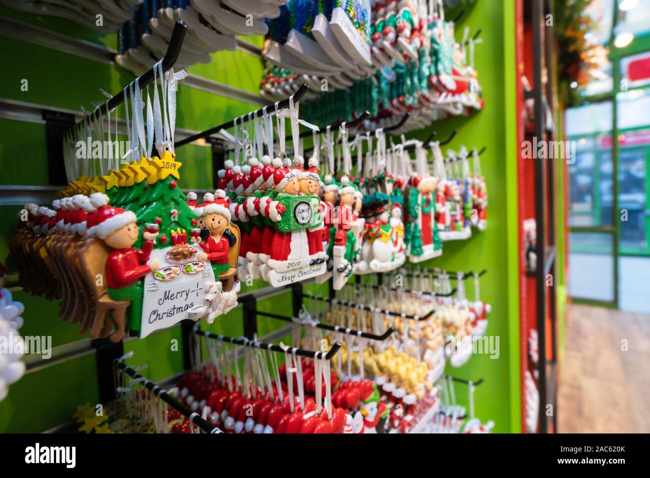 Hanging Christmas ornament decoration kiosk stand on a winter market