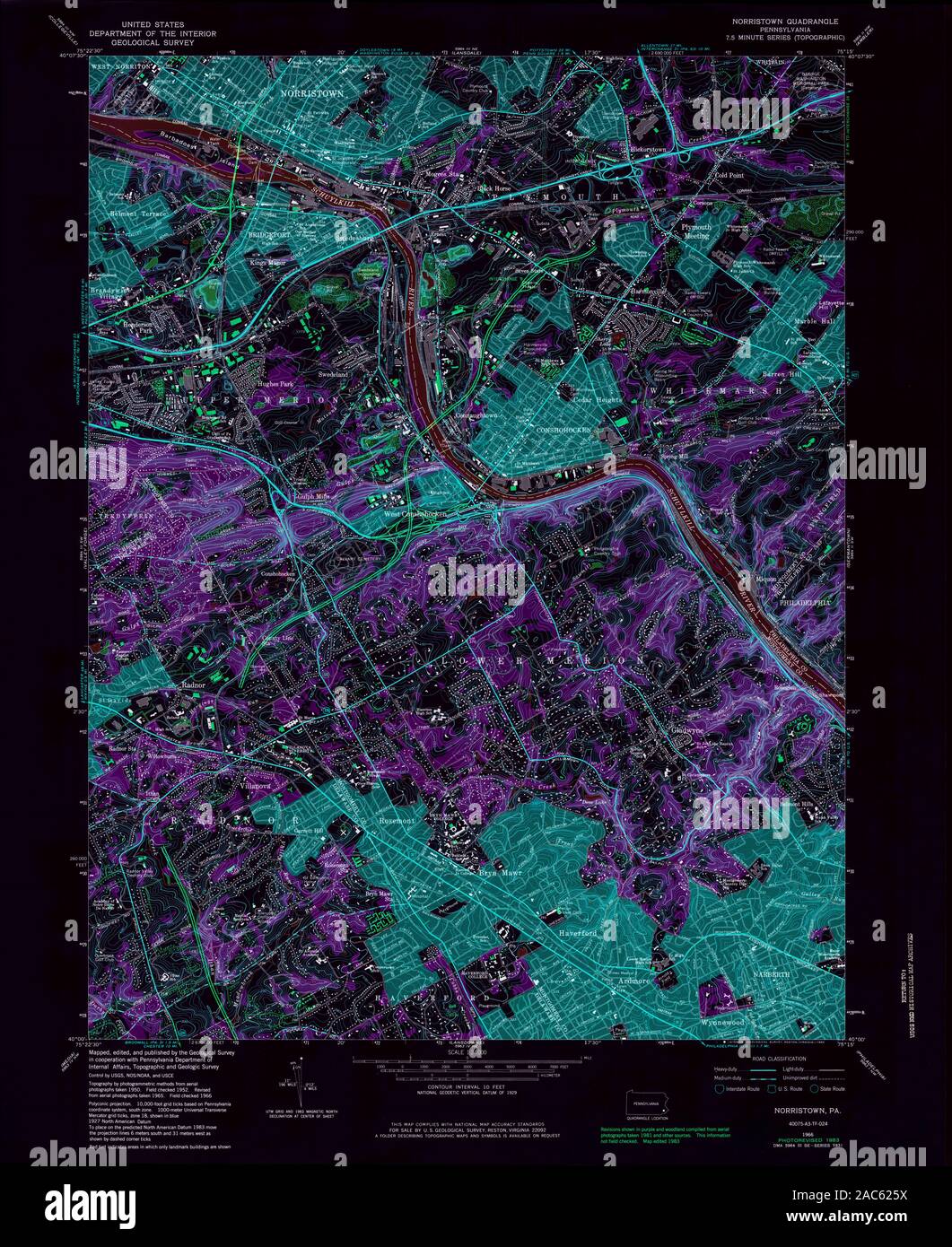 USGS TOPO Map Pennsylvania PA Norristown 171406 1966 24000 Inverted Restoration Stock Photo