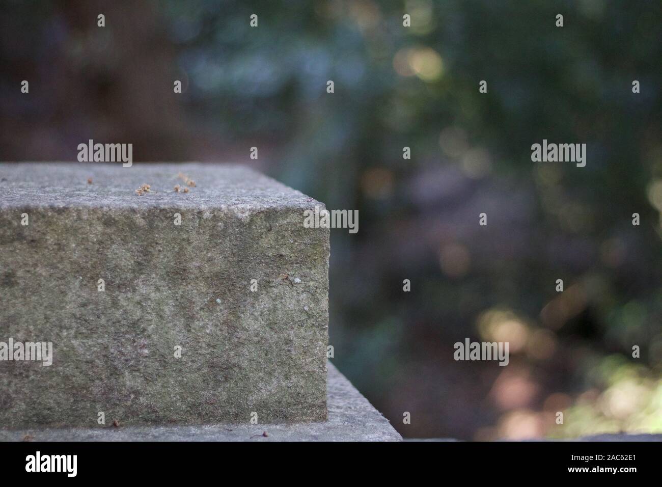 Grey stone pillar with soft green background Stock Photo