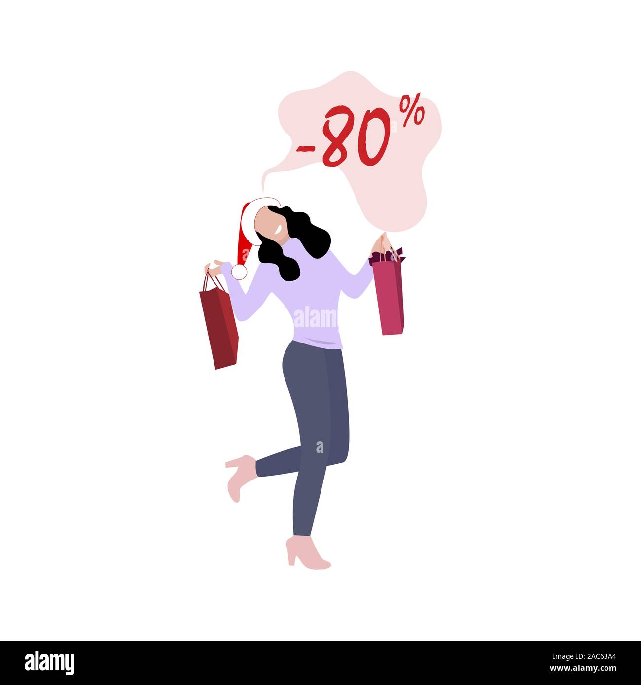 Happy woman with purchases pack. Woman after shop with purchase, person consumer girl shopping, vector ilustration Stock Vector