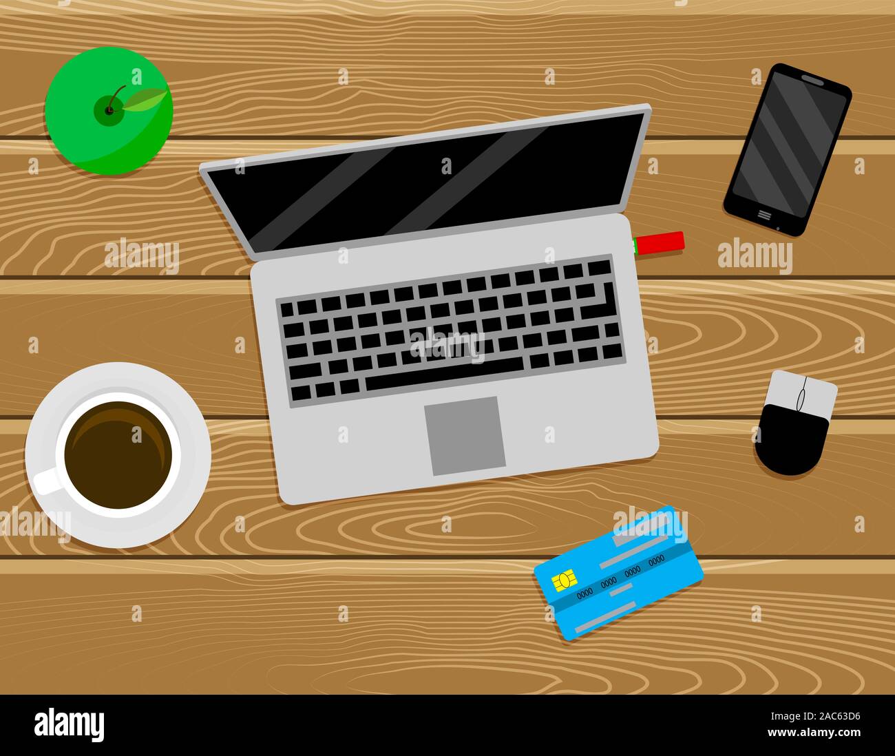 Freelancer work place top view. Vector table with notebook, cup of coffee and smartphone illustration Stock Vector