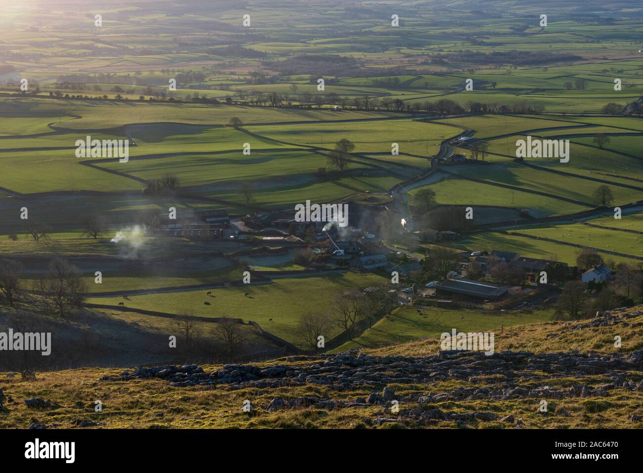 Looking down on the tiny hamlet of Feizor in The Yorkshire Dales Stock Photo