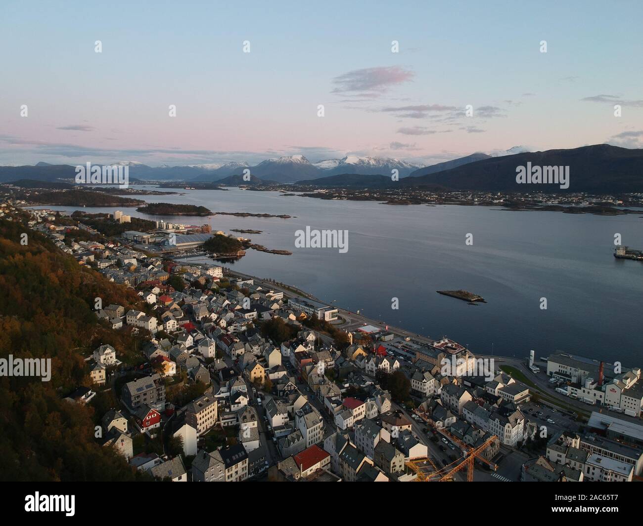 Aerial Shoot of Alesund at sunset, Autumn, Norway Stock Photo