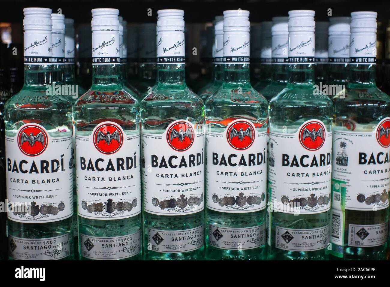 Tyumen, Russia-November 05, 2019: Bottle of Bacardi Carta Blanca Superior Brand White Rum in a supermarket Stock Photo