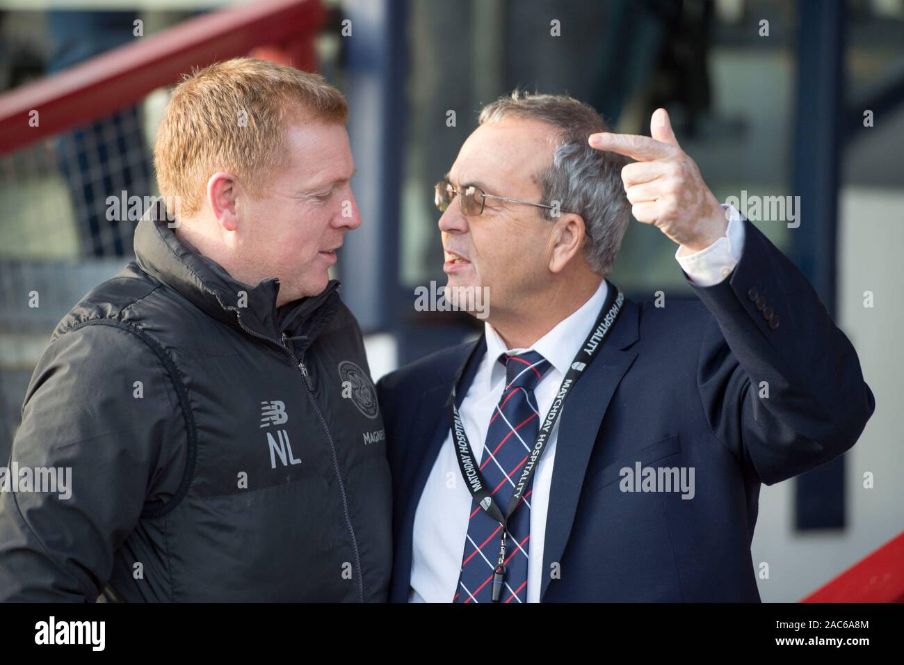 Celtic manager Neil Lennon (left) speaks to Ross County chairman Roy MacGregor before the Ladbrokes Scottish Premiership match at the Global Energy Stadium, Dingwall. Stock Photo