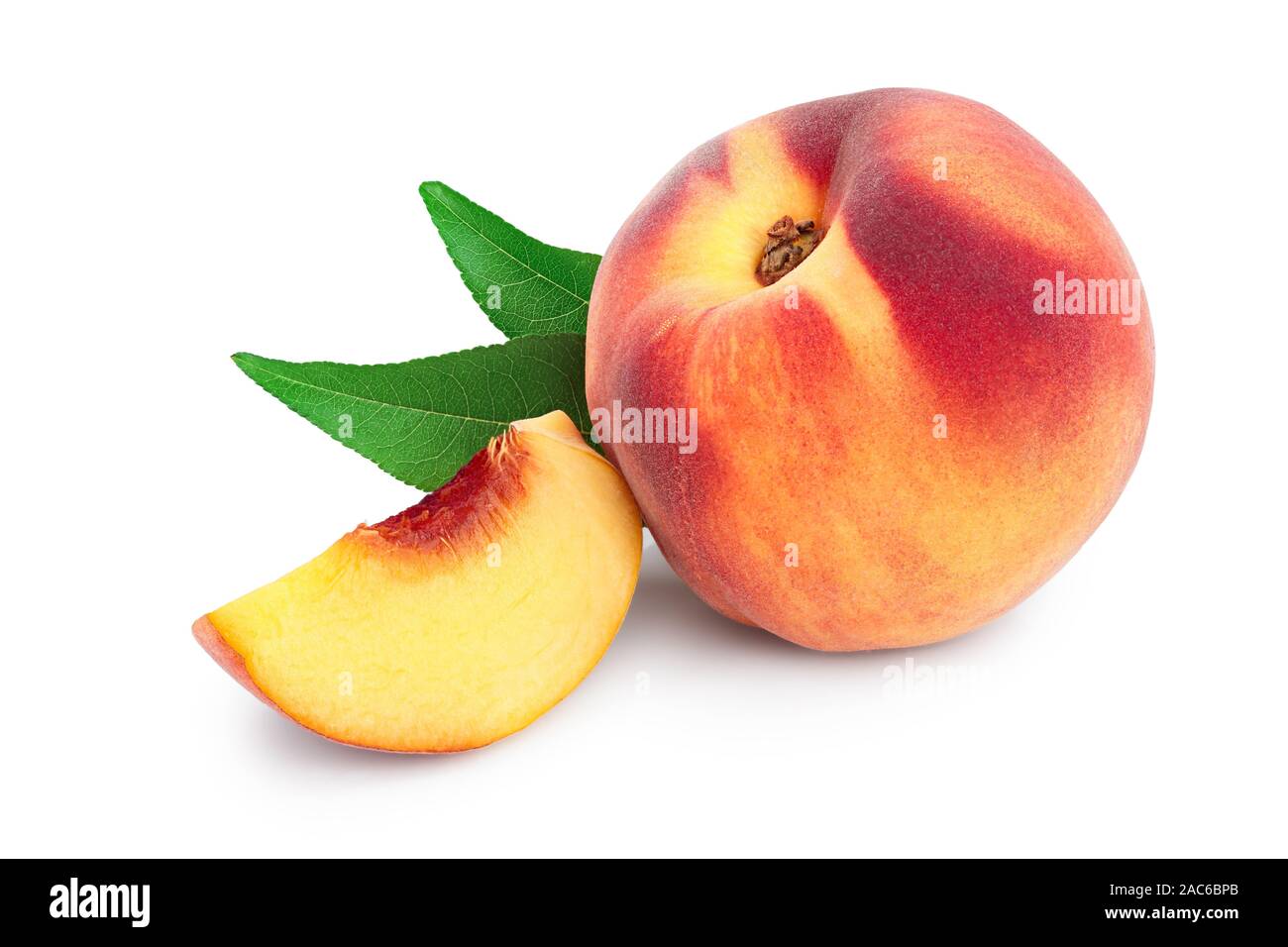 Ripe peach fruit and slice with leaf isolated on white background Stock ...
