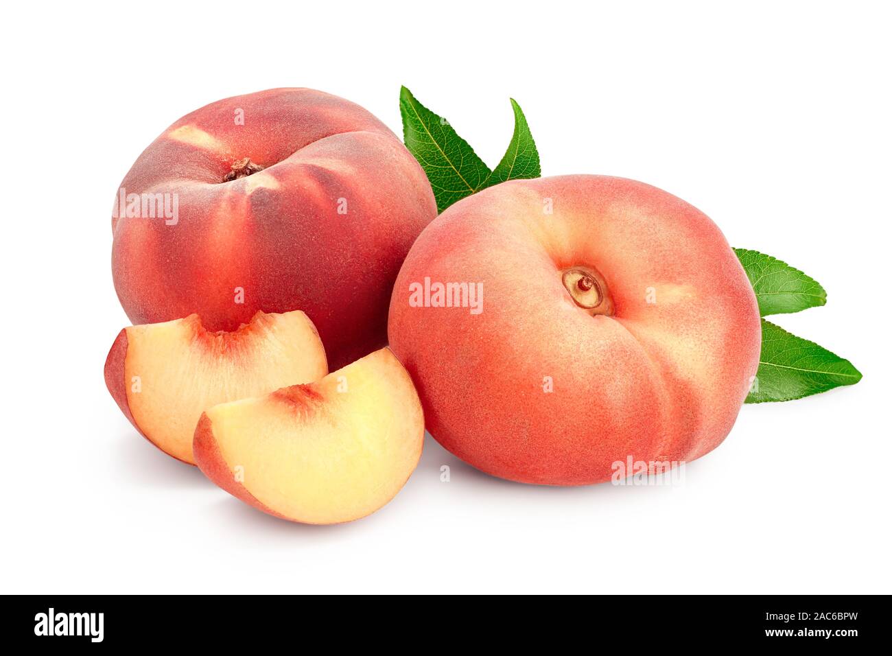 Ripe Chinese Flat Peach Fruit And Slices With Leaf Isolated On White Background Stock Photo Alamy