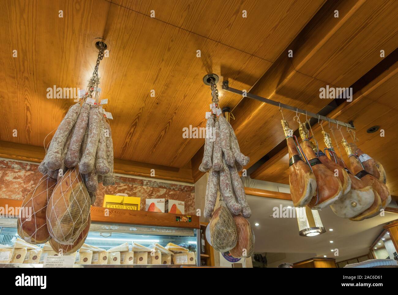 29 MARCH 2019, BOLOGNA, ITALY: sausages and cheese in a shop in italy Stock Photo