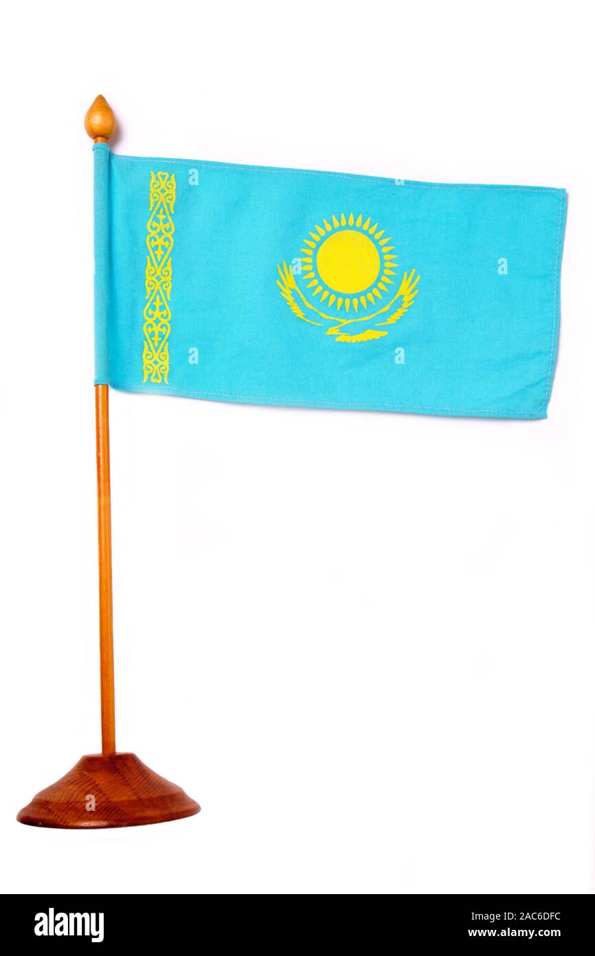 Flag Of Kazakhstan On A Wooden Flagpole With A White Background