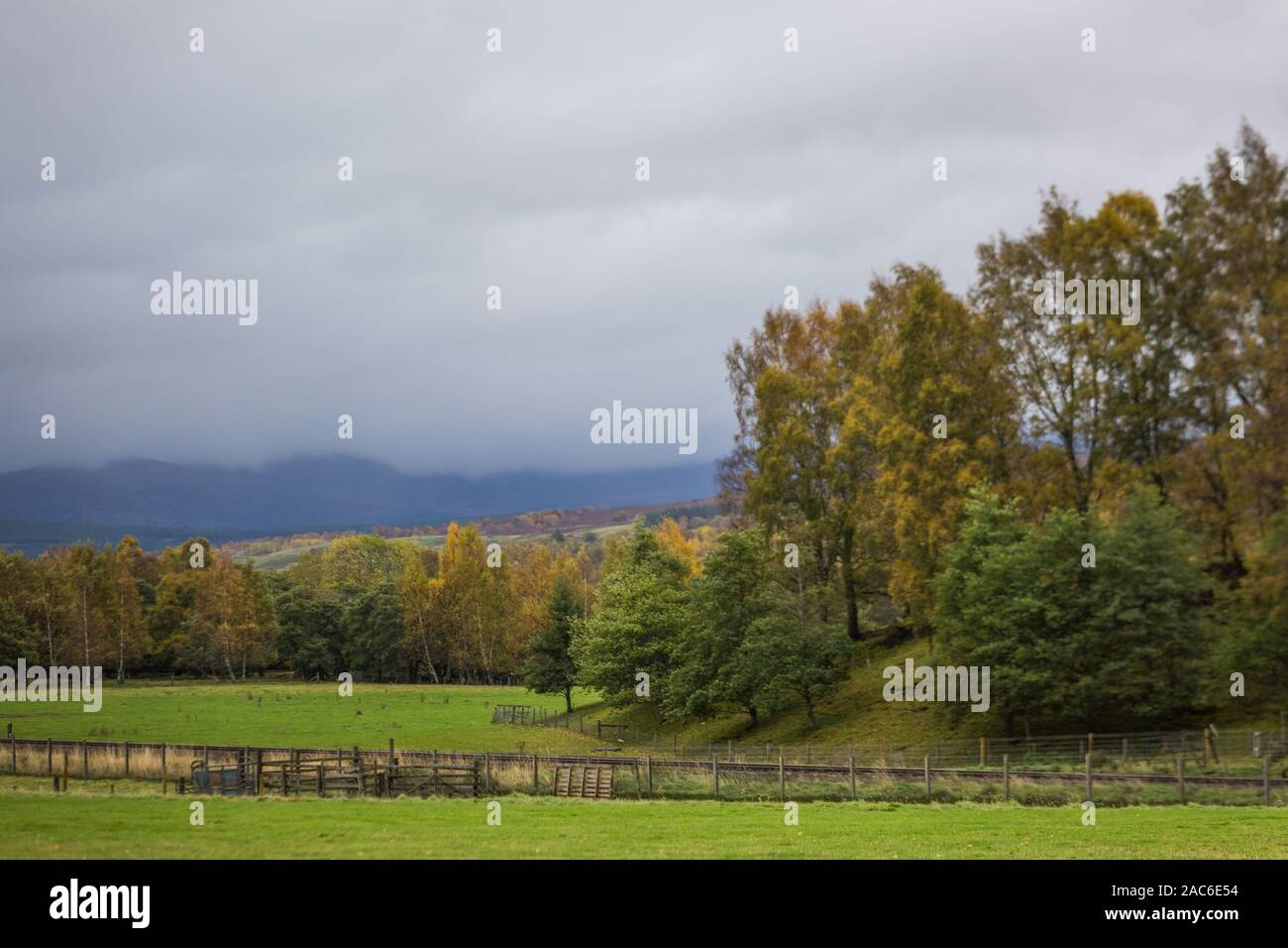 Beautiful autumn panoramic landscape in Scotland, wet weather outside Stock Photo