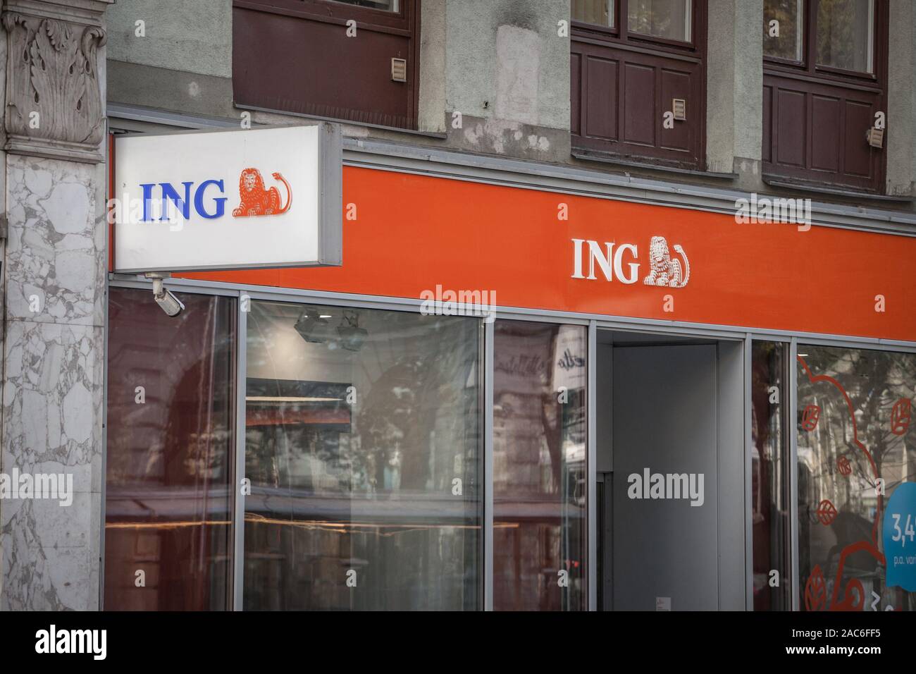 VIENNA, AUSTRIA - NOVEMBER 6, 2019: ING Bank logo in front of their office for downtown Vienna. ING group is a Dutch banking group offering insurance Stock Photo