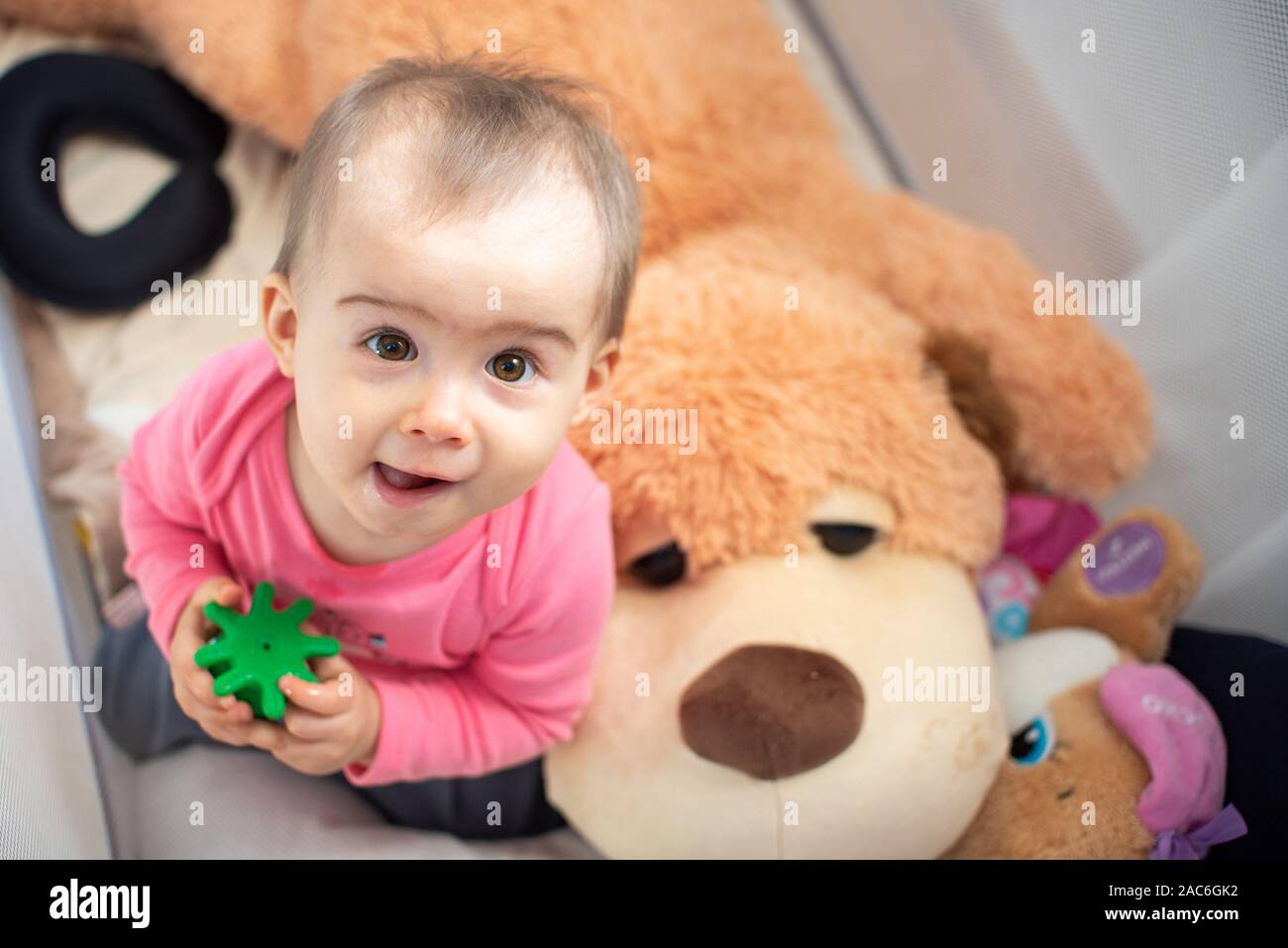 Adorable baby in crib looking up with rubber toy in hands. Copy space on right Stock Photo