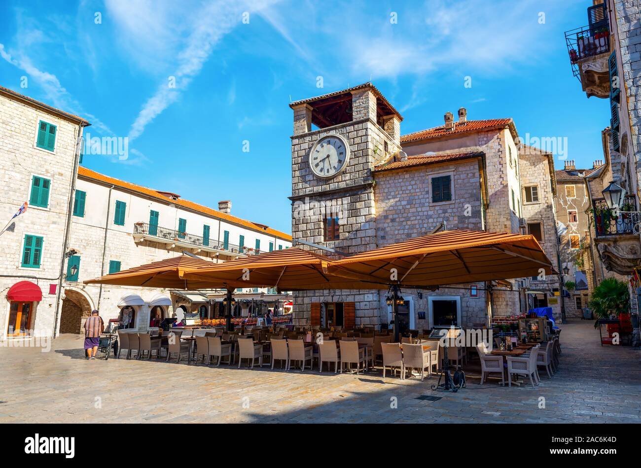 Clock Tower inside the old town of Kotor in Montenegro Stock Photo