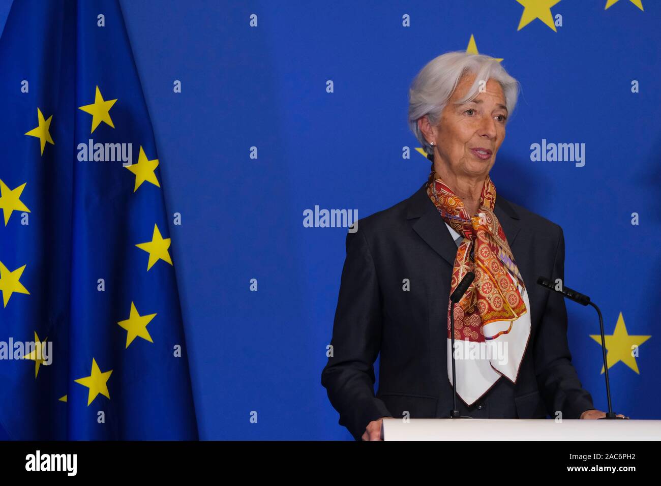 Brussels, Belgium. 1st Dec, 2019. President of the European Central Bank (ECB) Christine Lagarde speaks during a press conference at the House of European History to celebrate the 10th anniversary of the Lisbon Treaty. Credit: ALEXANDROS MICHAILIDIS/Alamy Live News Stock Photo