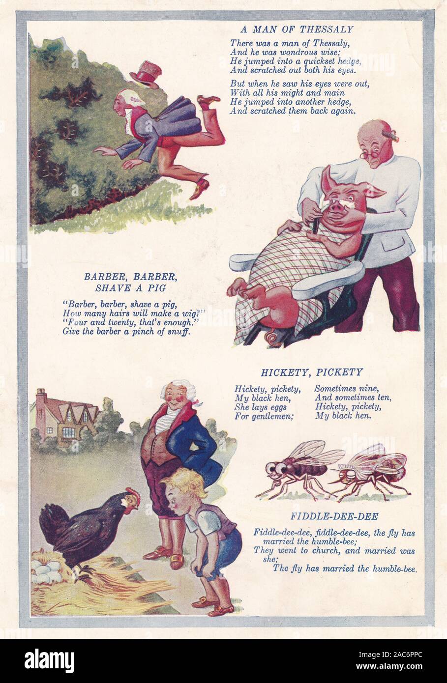 1930s Colour book plate illustration of Nursery Rhymes - A Man of Thessaly / Barber, Barber, Shave a Pig / Hickety, Pickety / Fiddle-Dee-Dee. Stock Photo