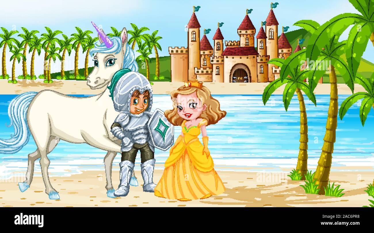 Scene with knight and princess at the castle illustration Stock Vector ...