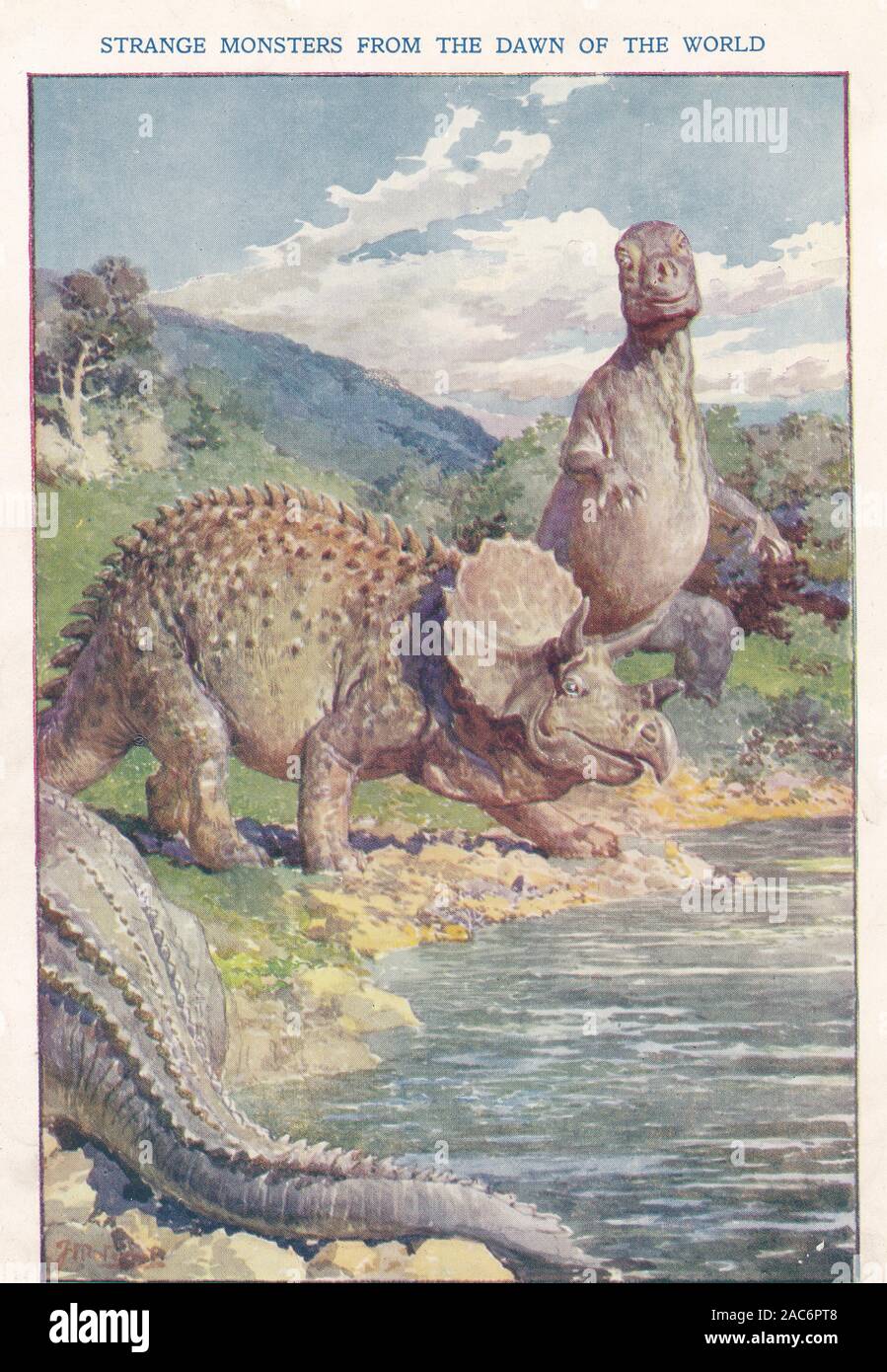 1930s Colour book plate 'Strange Monsters from the Dawn of the World' - Dinosaurs. Stock Photo