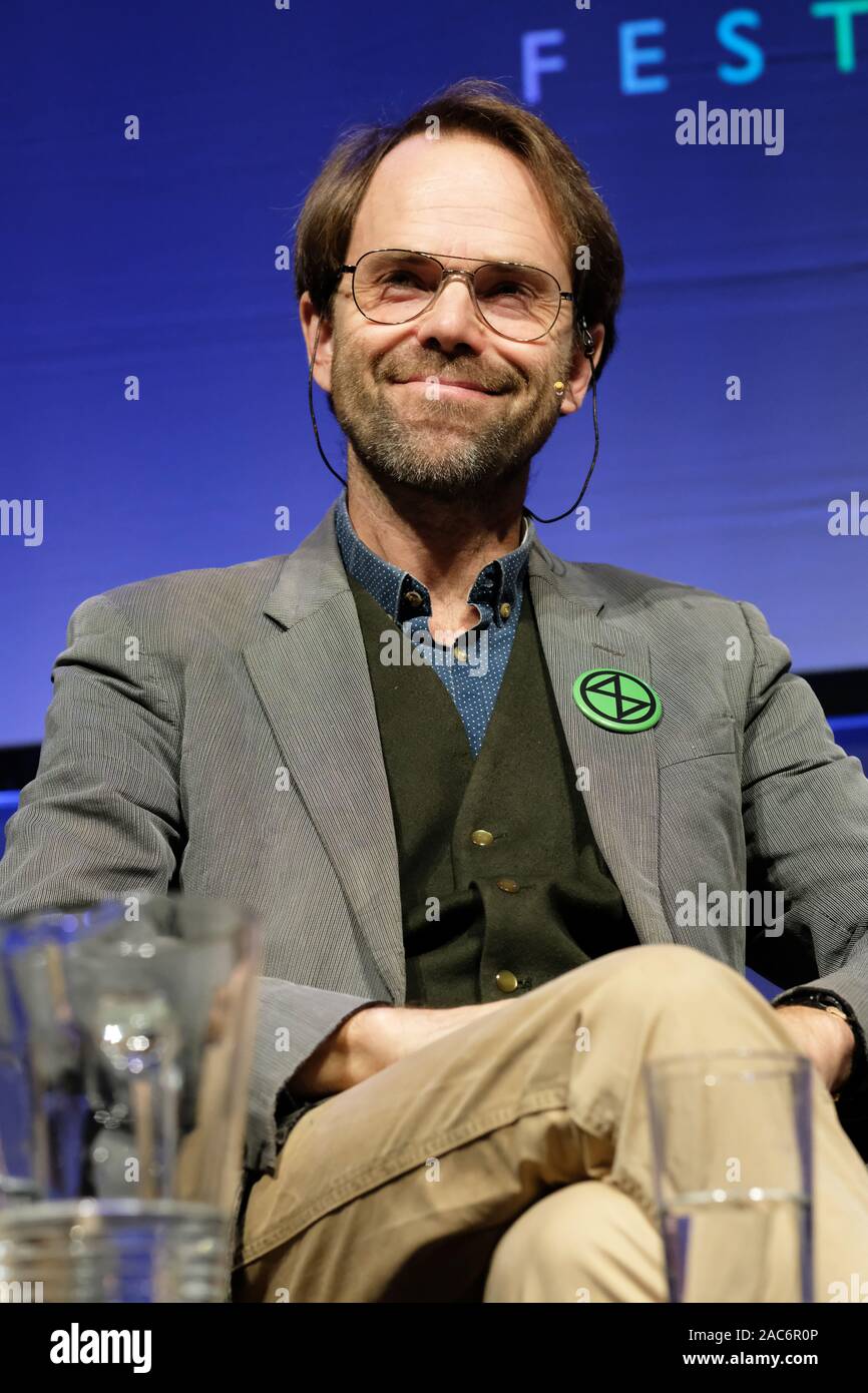 Hay Festival Winter Weekend , Hay on Wye, Powys, Wales, UK - Sunday 1st December 2019 - Rupert Read Extinction Rebellion ( XR ) spokesman on stage talking about the climate emergency at the Hay Festival Winter Weekend at 1pm. Photo Steven May / Alamy Live News Stock Photo