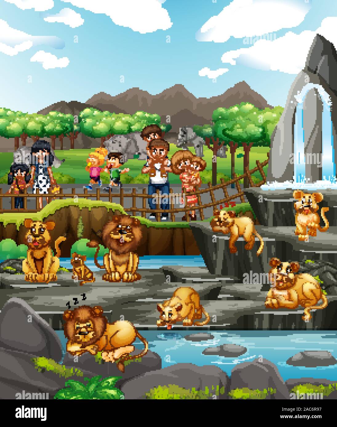 Scene with animals and people at the zoo illustration Stock Vector Image \u0026  Art - Alamy, image size:1095x1390