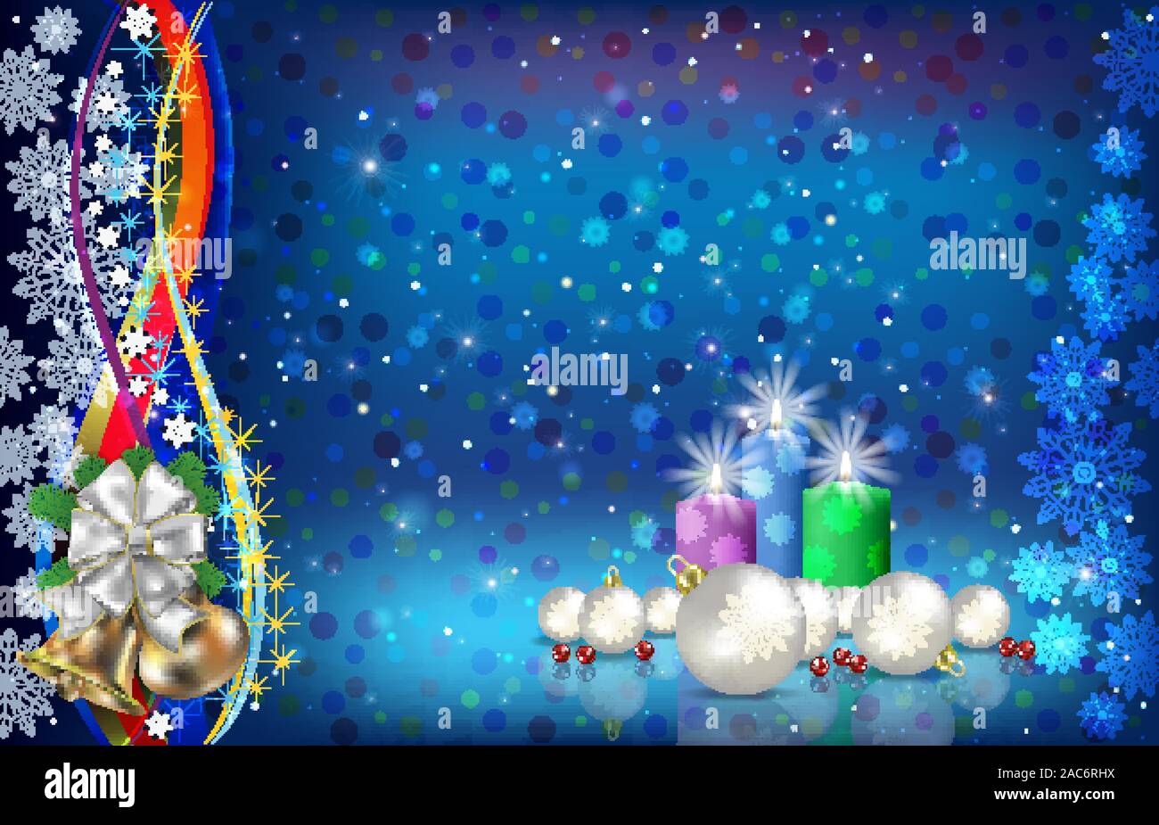 Abstract dark blue background with Christmas snowflakes and candles ...